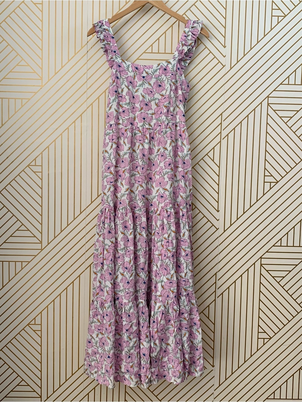 Haute Hippie Purple Floral Tiered Smocked Cottage core Boho Midi ruffle Dress S